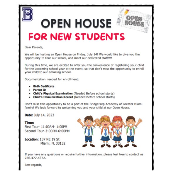 Open House for NEW STUDENTS! Second Tour 3:00 p.m. - 6:00 p.m. 